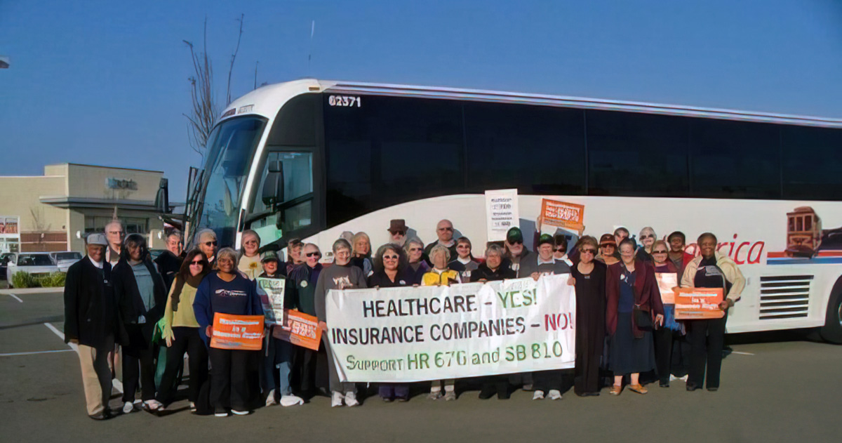 Bus delivering single payer supporters to Sacramento
