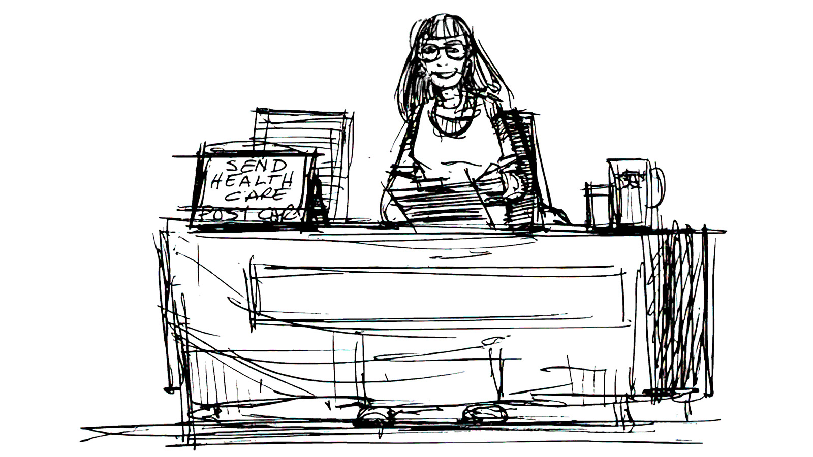 drawing of woman sitting behind a table with a clipboard and a sign that says "Send healthcare postcards"